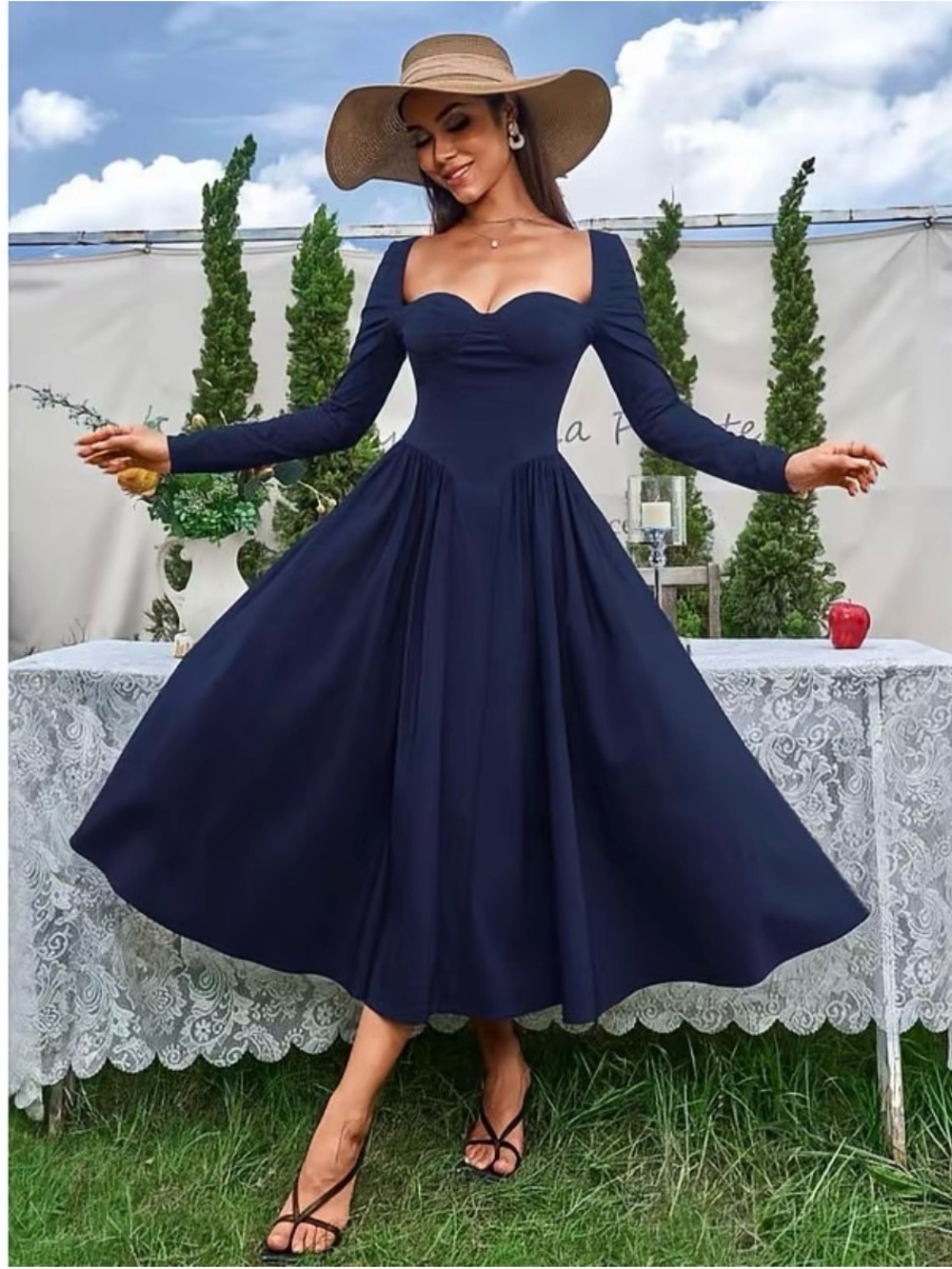 Navy Long-Sleeve Midi Dress with Sweetheart Bodice